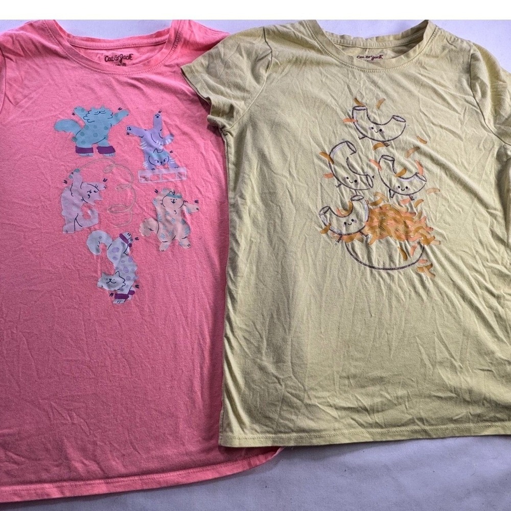Cat & Jack Girls Graphic T-Shirt Lot 2 Size L 10/12 Pink Cat Yellow Mac N Cheese